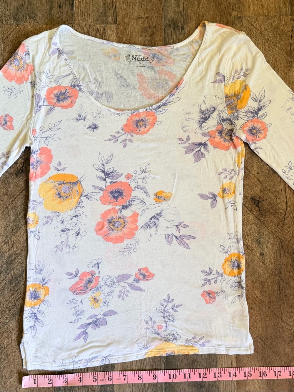 Mudd Cream Floral Scoop Neck Long Sleeve Top with Coral and Yellow Blooms